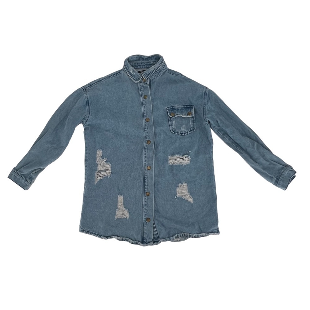 SHEIN Distressed Long Sleeve Denim Jean Shirt Size Small Women’s